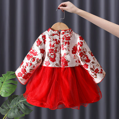 Ancient Chinese Clothing Dress Children's New Year Clothes Autumn and Winter Dress Baby Girl One Year Old Dress Princess Dress F