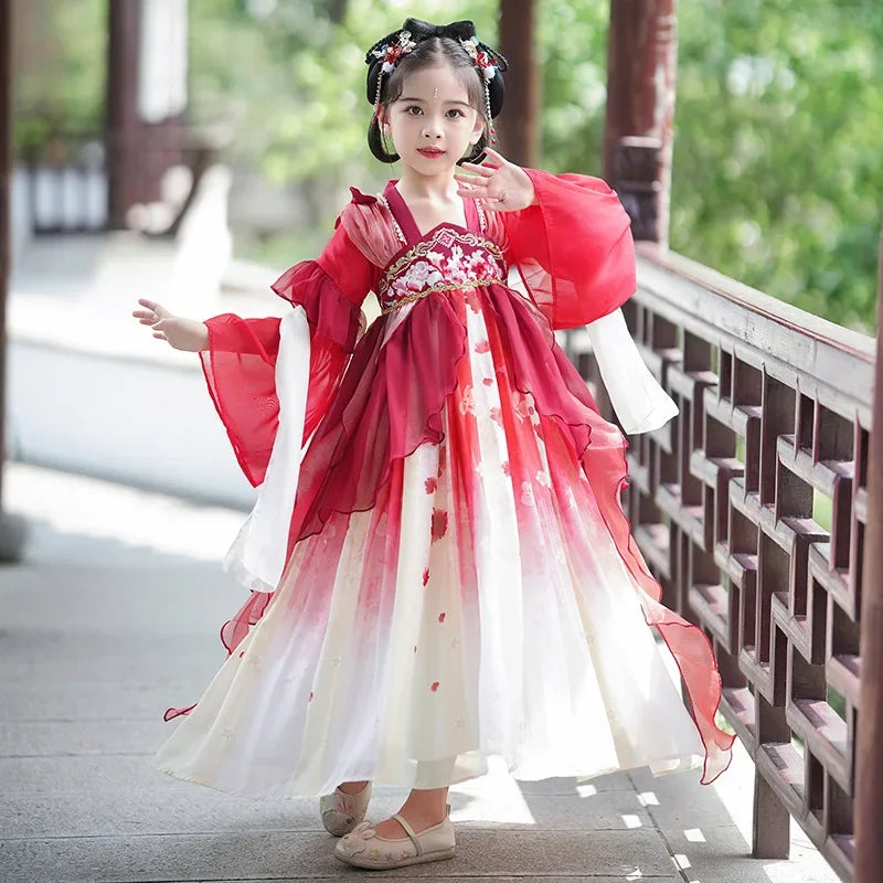 Chinese Vintage Style Girls Long Sleeve Red Hanfu Dress Sweet Chinese Princess Mesh Dress Traditional New Year Cosplay Custom