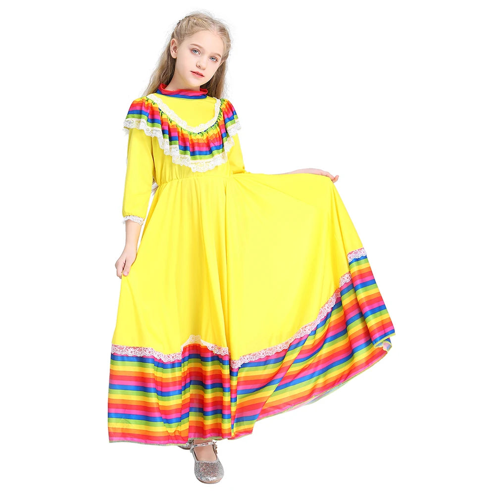 Child Girls Jalisco Traditional Guadalajara Mexican Folk Dancer Costume Halloween Carnival Costumes For Kids 3 Colors Available