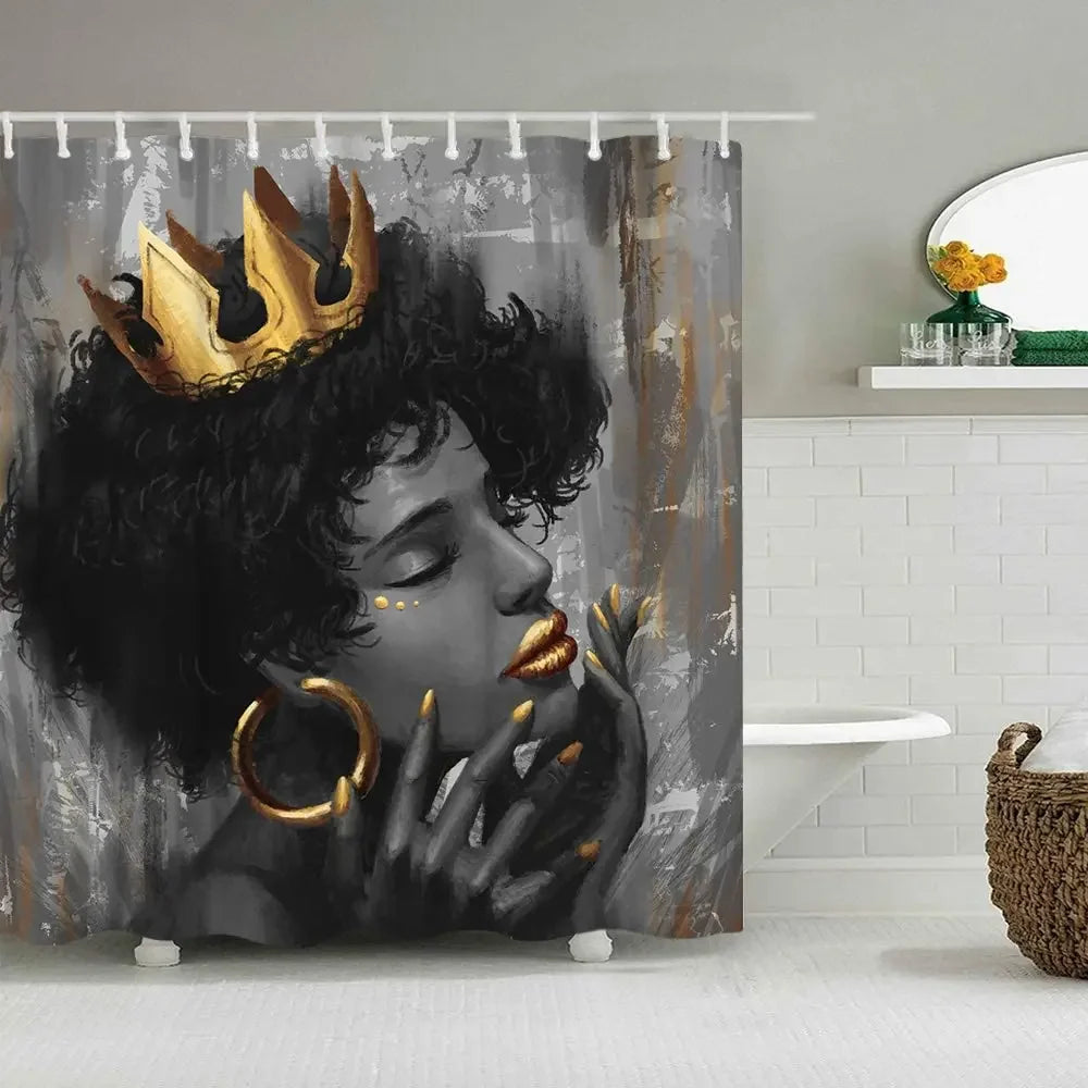 African Women Shower Curtain - Black Girl with Gold Crown Art, Elegant Bathroom Décor