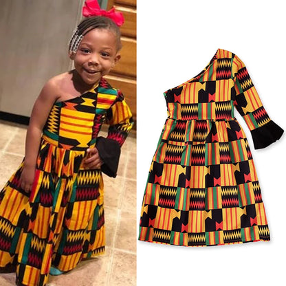 Children's European and American spring and autumn African Bohemian style off-the-shoulder one-sleeved dress long dress chil