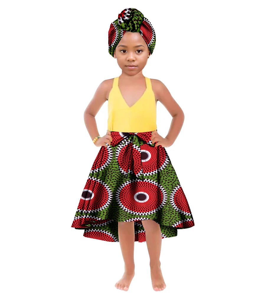 ORIENTAR African Girl's Clothes for Long Ankala Print Skirt Take A Headscarf To The Knees Children Clothing WYT842