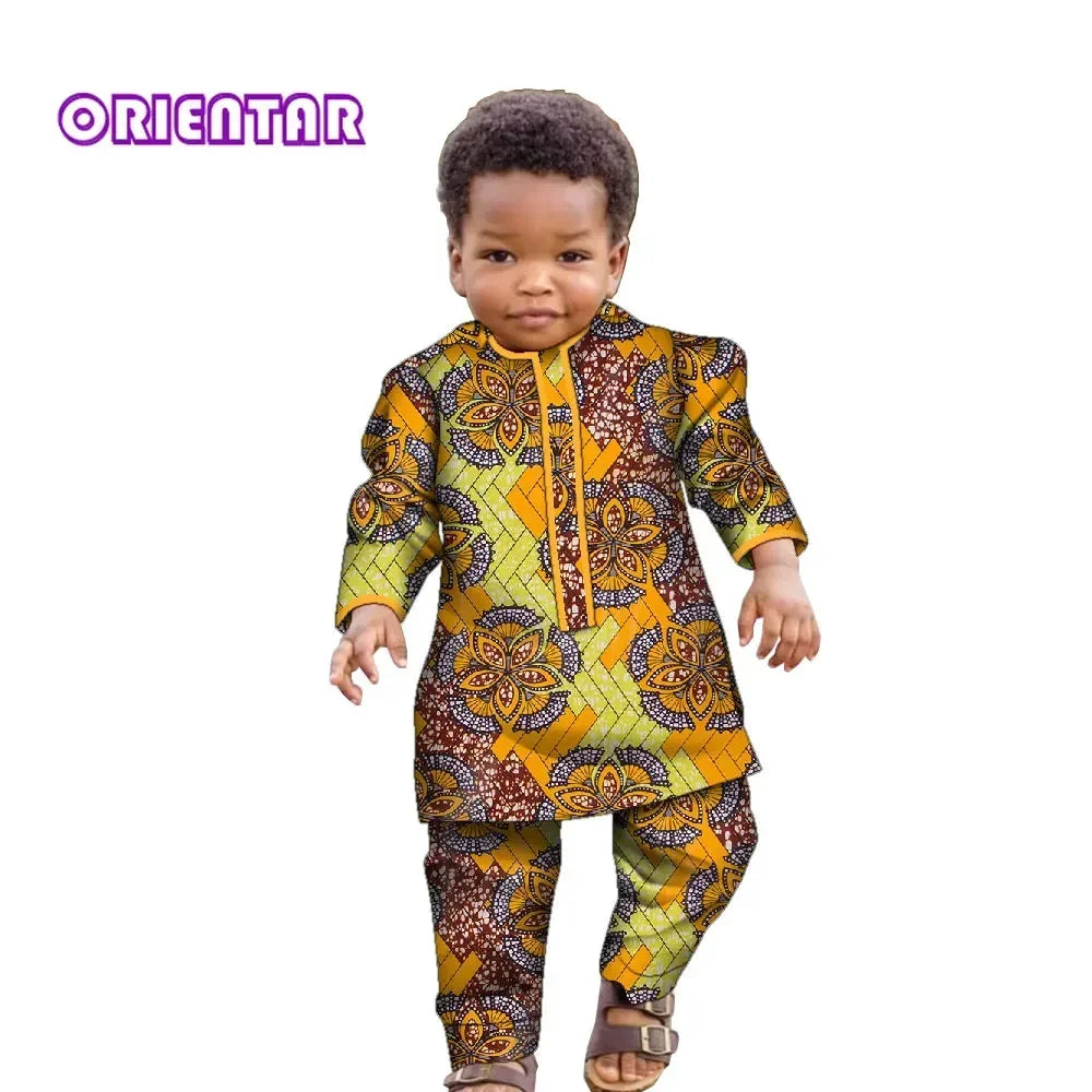 Ankara Fashion Floral Print Boy Suit 2 Pcs Set Long Sleeve Shirt and Pant African Clothes for Boy Dashiki Boy Outfit Wyt621