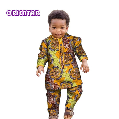 Ankara Fashion Floral Print Boy Suit 2 Pcs Set Long Sleeve Shirt and Pant African Clothes for Boy Dashiki Boy Outfit Wyt621