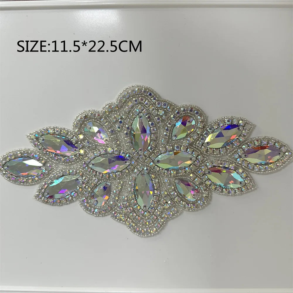 1PCS  AB Silver Rhinestone Applique flower patches Iron on/sew on wedding dress accessories For Clothes Decoration