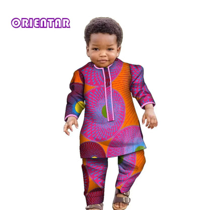 Ankara Fashion Floral Print Boy Suit 2 Pcs Set Long Sleeve Shirt and Pant African Clothes for Boy Dashiki Boy Outfit Wyt621