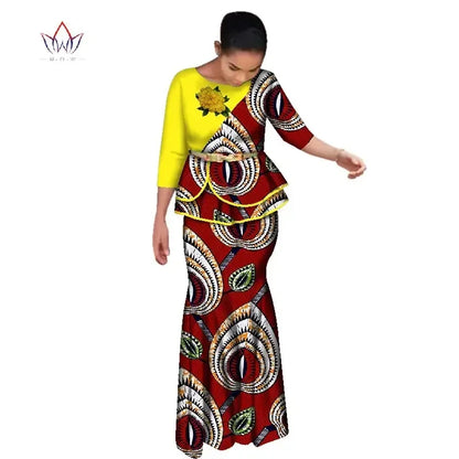 BRW Traditional African Clothes for Women Dashiki 2 Pcs Outfits Rose Applique Tops and Long Skirt Set Elegant Party Dress WY2642