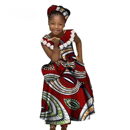 African Dresses for Little Girls Pleated Skirt Gifted Hair Band Lovely Girl Clothing with Big Bow Custom Size Clothes  WYT538