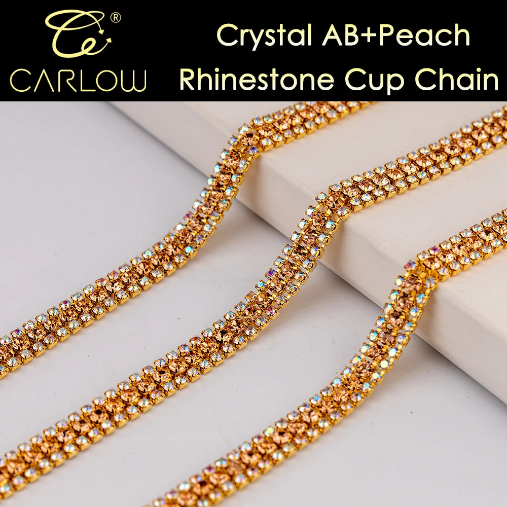 CARLOW AAAAA 3 Rows Rhinestone Cup Chain Sew on Shiny Gold Base Glass Stone Chain for Garement Decoration DIY