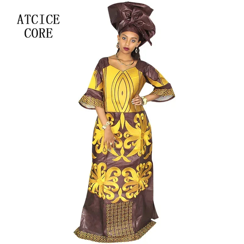 African Dress For Woman Bazin Riche Embroidery Design Floor Length Dress With Scarf