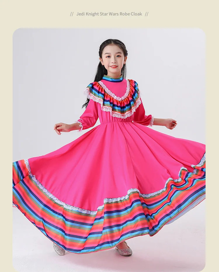 2024 New  Mexican Girls' Skirts Big Skirts Ethnic Style Dresses Dance Costumes Rose Red Costumes Love Live Cosplay