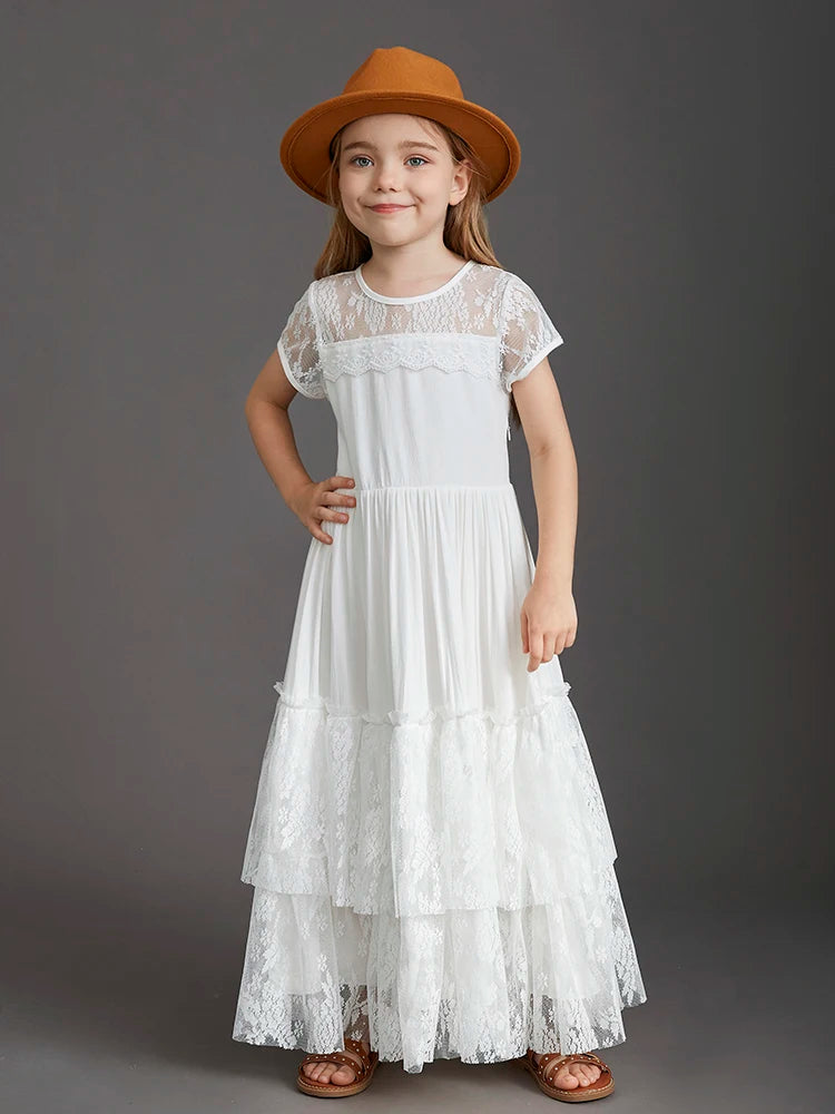 New 2024 Princess Girls Short Sleeve Lace Long Floor Dresses Baby Kids Flower Wedding Christmas Party Vestidos Children Clothing