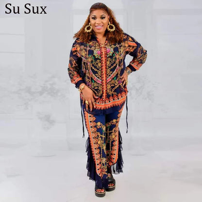 African Dresses For Women Dashiki Vintage Print Blouse Shirt 2 Piece Sets Africa Clothing Ruffles Pants Matching Sets Overalls