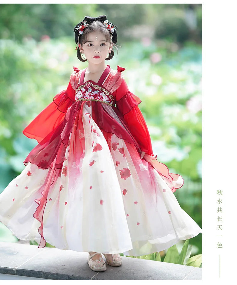 Chinese Vintage Style Girls Long Sleeve Red Hanfu Dress Sweet Chinese Princess Mesh Dress Traditional New Year Cosplay Custom