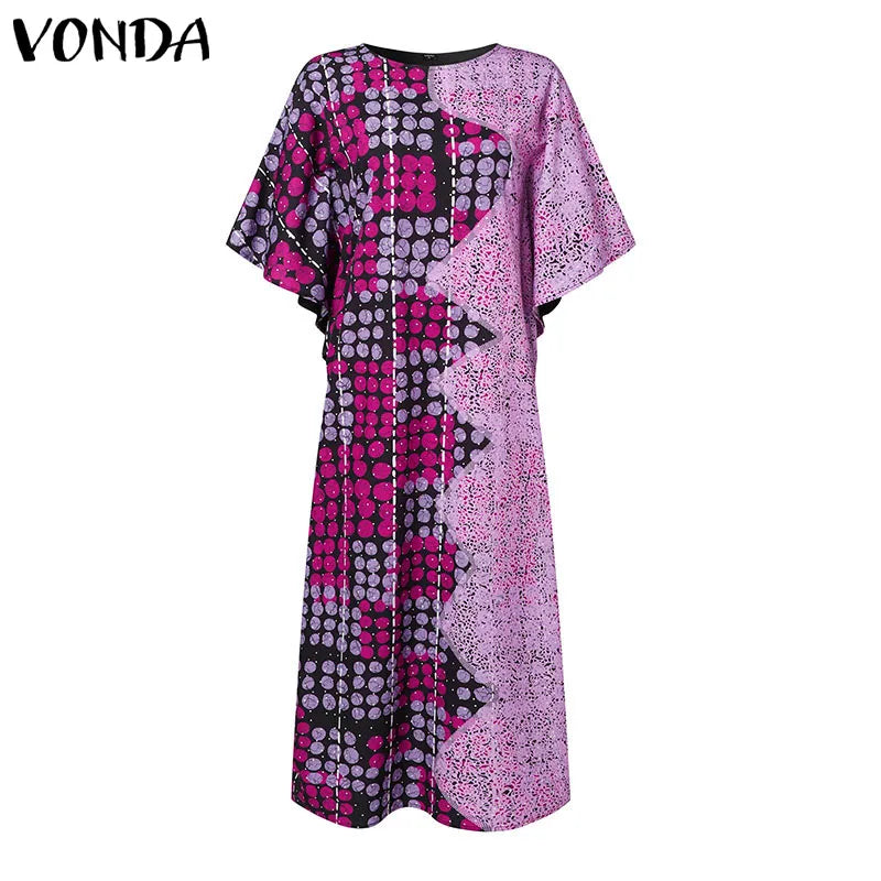 VONDA Women Summer Maxi Dress 2024 Vintage 3/4 Sleeve Printing Sundress Beach Robe Bohemian Bat-wing Sleeve Vestidos Polyester