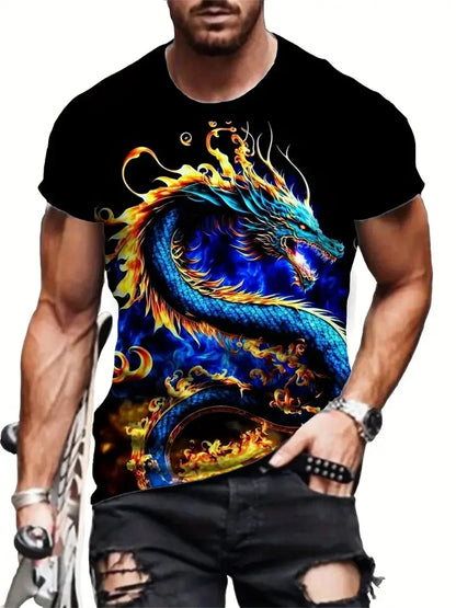 Mens Dragon Print Cotton Blend T-shirt - Stylish Crew Neck Comfortable & Breathable for Summer Casual Everyday Wear Hot Sale