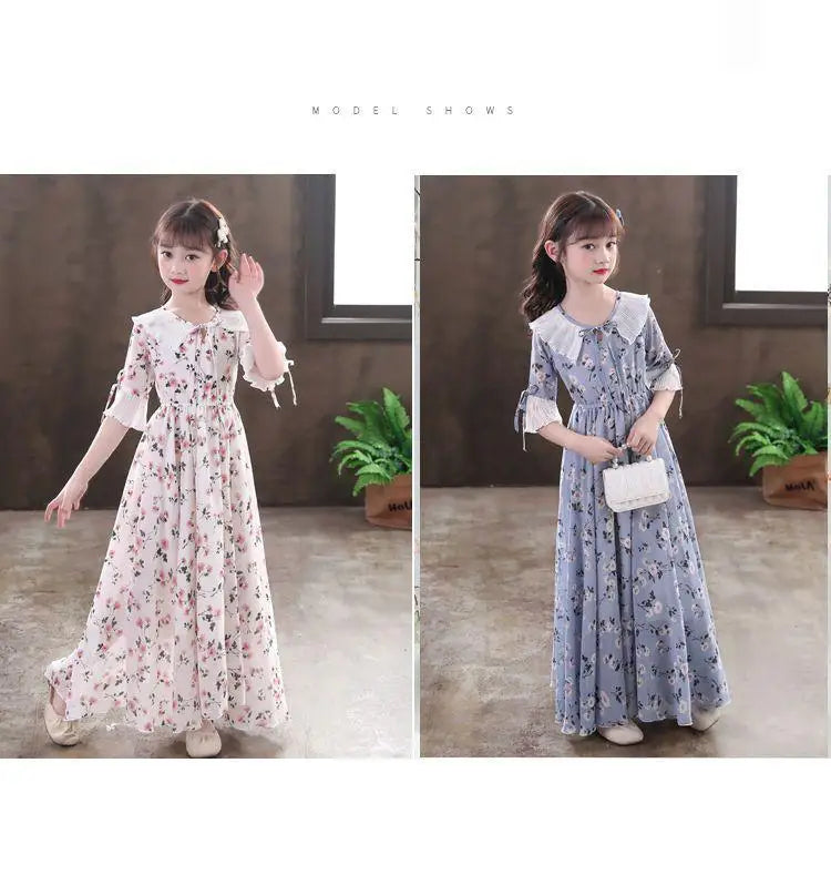 5-16Y Kids Floral Princess Party Dresses For Girls Summer Elegant Children Bohemian Chiffon Maxi Dresses Teenage Girl Clothes 12