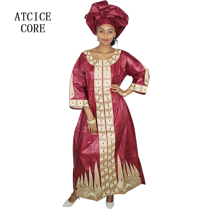 African Dresses For Woman Bazin Riche Embroidery Desing Long Dress With Scarf 2 Piece Set