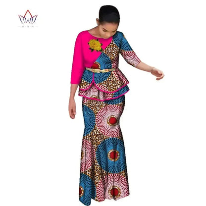 BRW Traditional African Clothes for Women Dashiki 2 Pcs Outfits Rose Applique Tops and Long Skirt Set Elegant Party Dress WY2642