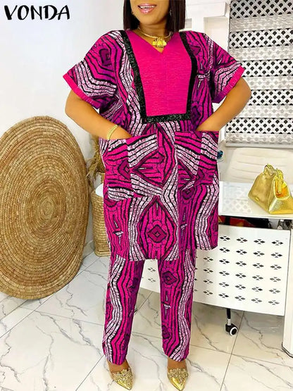 2 Piece Sets Women Summer Printing Loungewear Pants Sets VONDA 2024 Vintage Short Sleeve Tops Loose Pants Suits Matching Sets