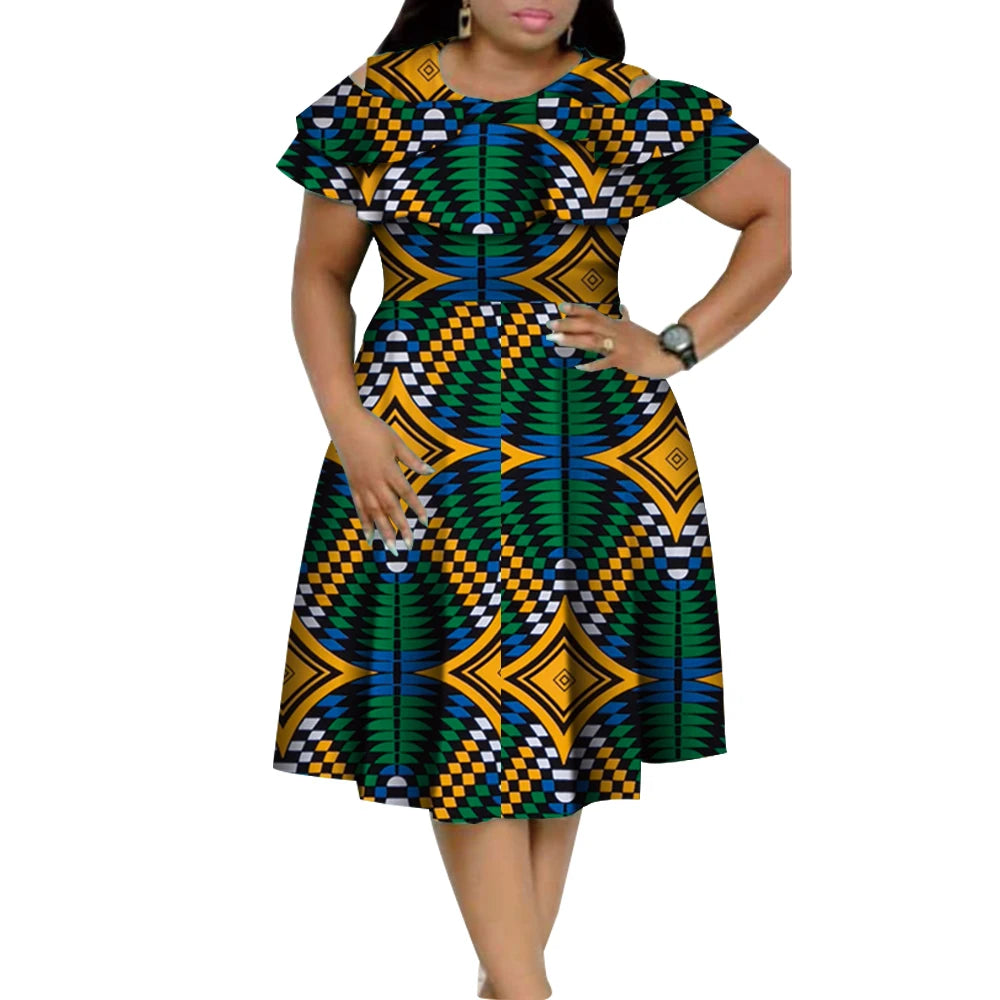 New Bazin Riche African Ruffles Collar Dresses for Women Dashiki Print Pearls Dresses Vestidos Women African Clothing WY4401