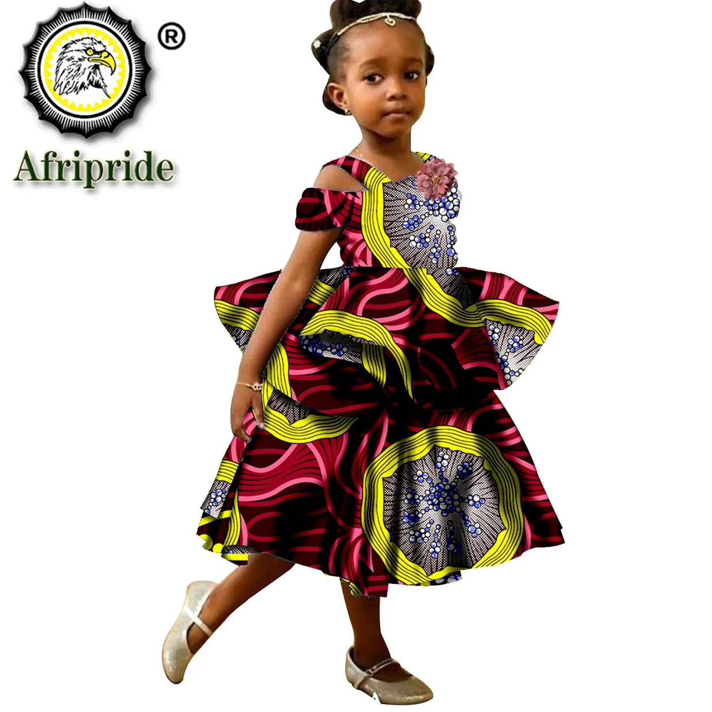 African Girls Dresses Sleeveless Double Princess Dress Casual Lovely Ankara Kids Print Mini Dress Shirt Dress AFRIPRIDE S1940017