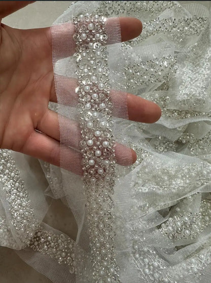 90cm Sequin Pearl Beaded Lace Trim Mesh Lace Ribbon Fabric Clothes Decoration Wedding Dress Collar Sleeve African Lace Applique