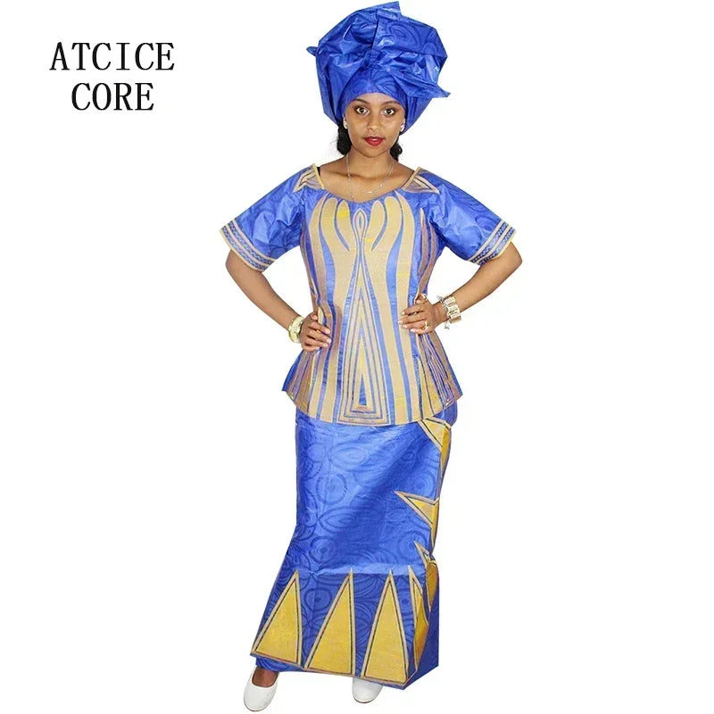 African Dresses For Women African Fabric Bazin Riche Embroidery Design Dress Long Dress With Headtie African Clothes