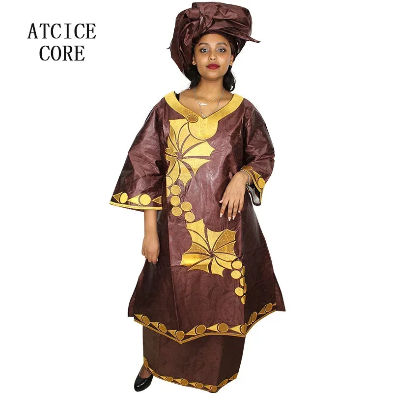 African Dresses Ror Women Bazin Riche Embroidery Design Long Dress With Rapper Scarf