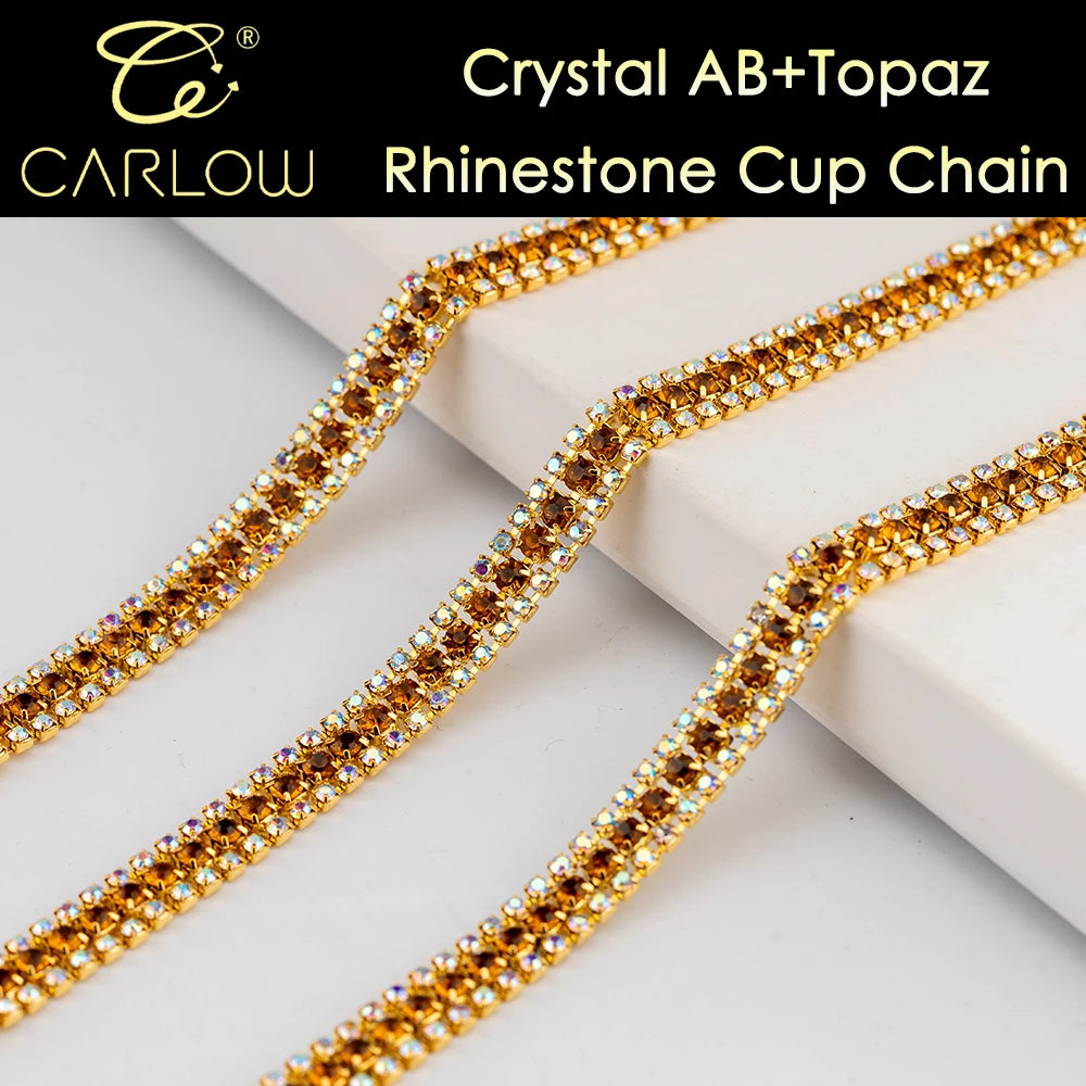 CARLOW AAAAA 3 Rows Rhinestone Cup Chain Sew on Shiny Gold Base Glass Stone Chain for Garement Decoration DIY