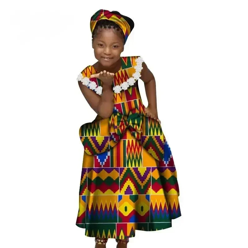 African Dresses for Little Girls Pleated Skirt Gifted Hair Band Lovely Girl Clothing with Big Bow Custom Size Clothes  WYT538