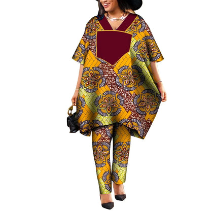 Ankara African Prints Two Pieces Set Women's Agbada Pant Suits Wax Cotton Loose T-Shirt Dashiki Clothing Plus Size WY9100