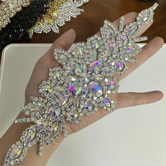 1PCS  AB Silver Rhinestone Applique flower patches Iron on/sew on wedding dress accessories For Clothes Decoration