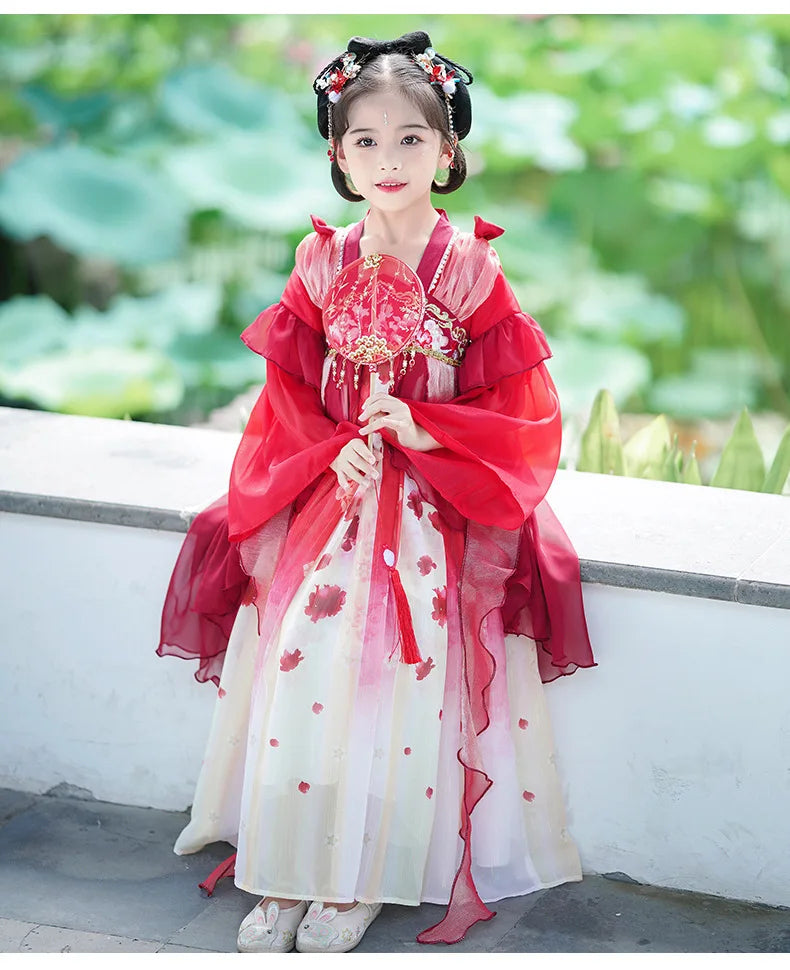 Chinese Vintage Style Girls Long Sleeve Red Hanfu Dress Sweet Chinese Princess Mesh Dress Traditional New Year Cosplay Custom