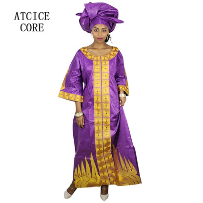 African Dresses For Woman Bazin Riche Embroidery Desing Long Dress With Scarf 2 Piece Set