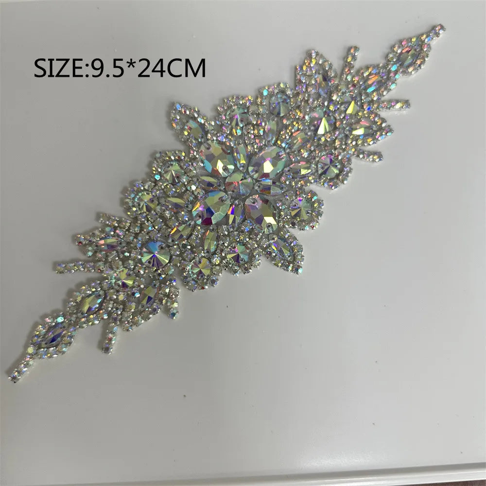 1PCS  AB Silver Rhinestone Applique flower patches Iron on/sew on wedding dress accessories For Clothes Decoration