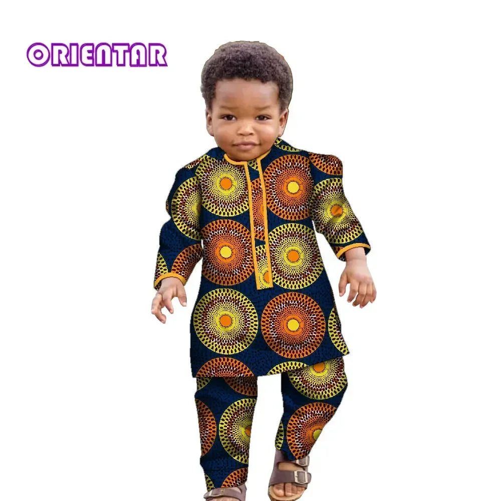 Ankara Fashion Floral Print Boy Suit 2 Pcs Set Long Sleeve Shirt and Pant African Clothes for Boy Dashiki Boy Outfit Wyt621