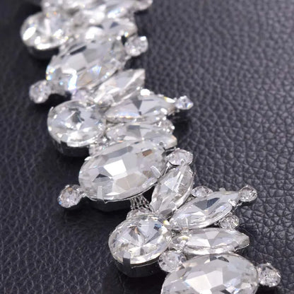 1 Yard Luxury Shiny Glass Strass Bridal Dress Belt Sash Trim Appliques – Clear AB Silver Rhinestones Sew-On Decorations