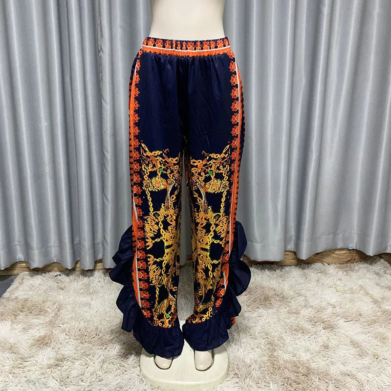 African Dresses For Women Dashiki Vintage Print Blouse Shirt 2 Piece Sets Africa Clothing Ruffles Pants Matching Sets Overalls