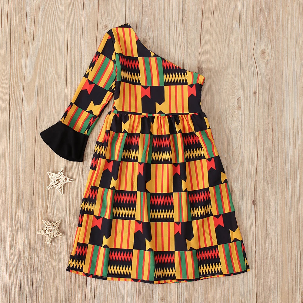 Children's European and American spring and autumn African Bohemian style off-the-shoulder one-sleeved dress long dress chil