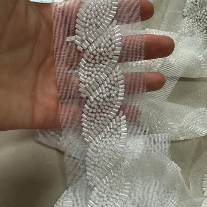 90cm Sequin Pearl Beaded Lace Trim Mesh Lace Ribbon Fabric Clothes Decoration Wedding Dress Collar Sleeve African Lace Applique