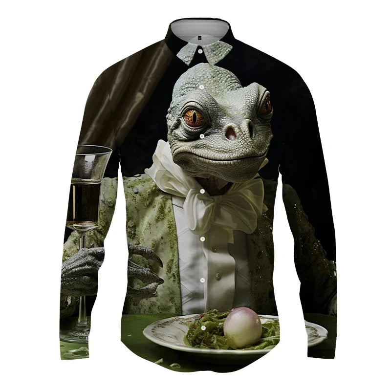 Cold-Blooded Lizard Print Men's Shirts Casual Single-Breasted Blouses Long Sleeve Shirt Streetwear Lapel Tops Trend Men Clothing