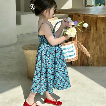 Girls' Camisole Dress Summer Korean Holiday Style Dress Personalized Retro Printed Vest Dress Fashionable Children'S Clothing