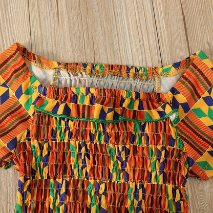 Girls children's European and American summer style African Bohemian style geometric short-sleeved tops and pants two-piece