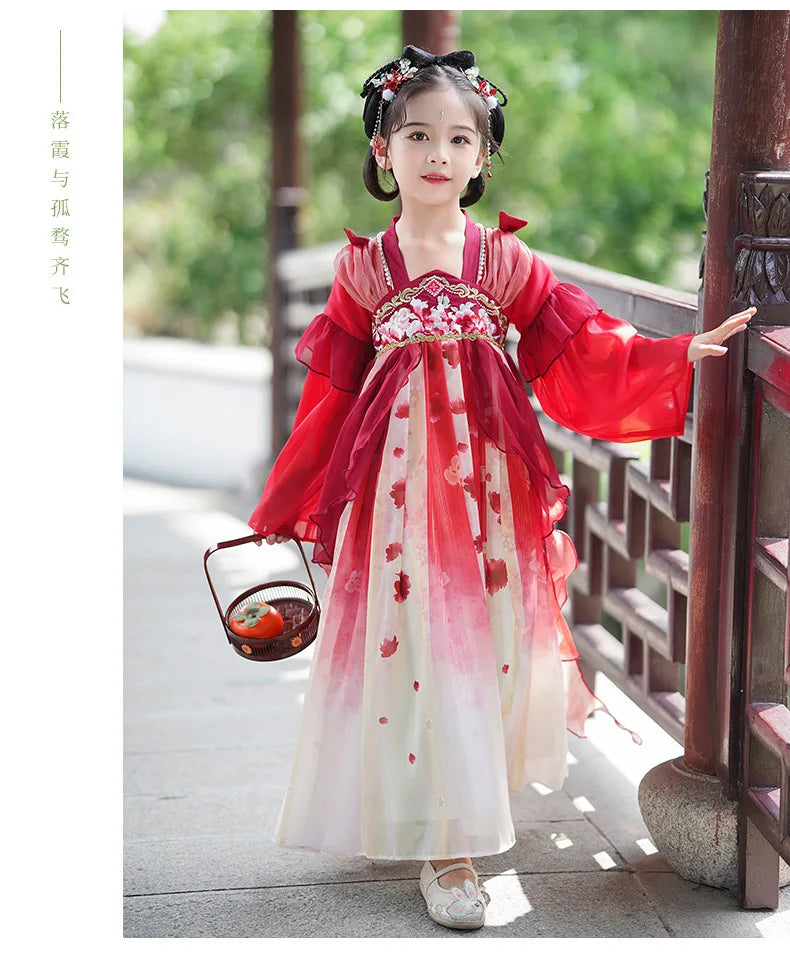 Chinese Vintage Style Girls Long Sleeve Red Hanfu Dress Sweet Chinese Princess Mesh Dress Traditional New Year Cosplay Custom