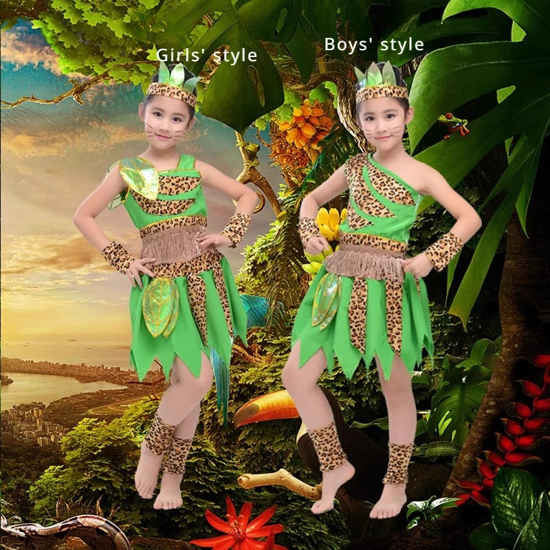 Green Children's Wear Plays Out Costume Tage Costume African Dance Indian Savage Hunter Show Costume Dance Costume  -BC9886