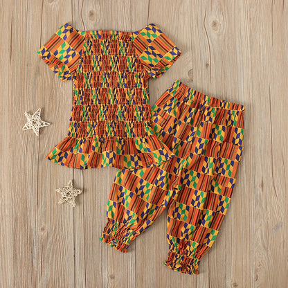 Girls children's European and American summer style African Bohemian style geometric short-sleeved tops and pants two-piece