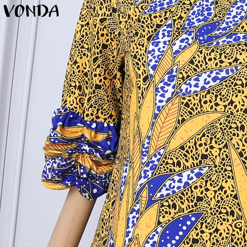 Plus Size VONDA Women Bohemian Dress 2024 Casual Half Puff Sleeve Round Neck Long Robes Vintage Printed Sundress Party Vestidos