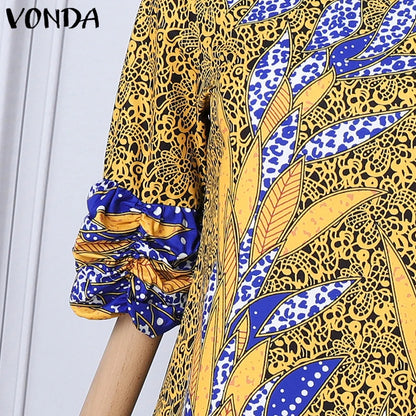 Plus Size VONDA Women Bohemian Dress 2024 Casual Half Puff Sleeve Round Neck Long Robes Vintage Printed Sundress Party Vestidos