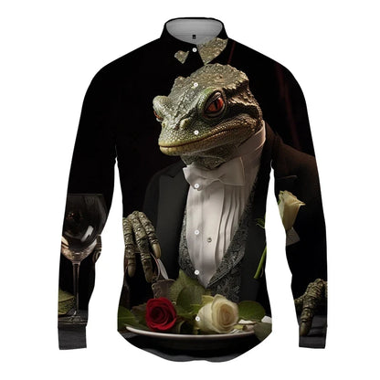 Cold-Blooded Lizard Print Men's Shirts Casual Single-Breasted Blouses Long Sleeve Shirt Streetwear Lapel Tops Trend Men Clothing